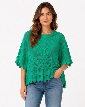 Chicos Crochet Open Knit Poncho Top Cotton Green Boho Oversize Small/Medium NWOT